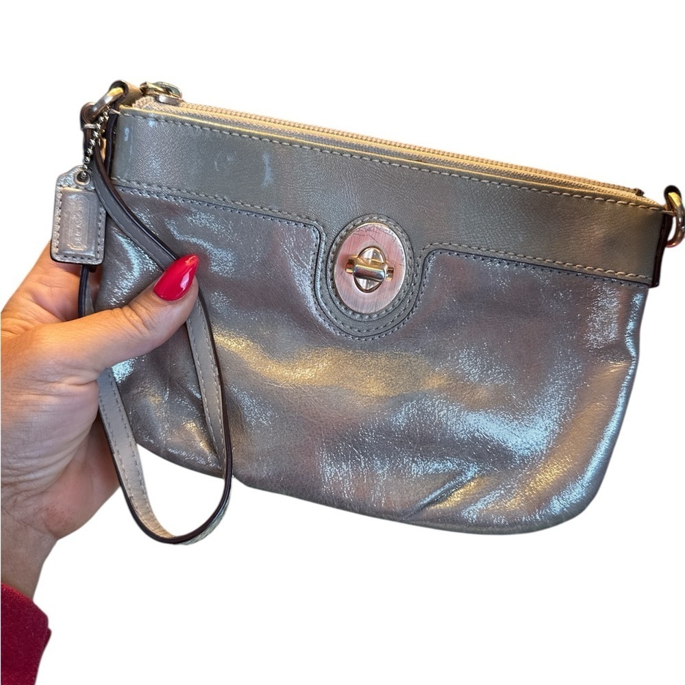 Coach gold Metallic Silver Wristlet Clutch turn lock mini bag wristlet designer